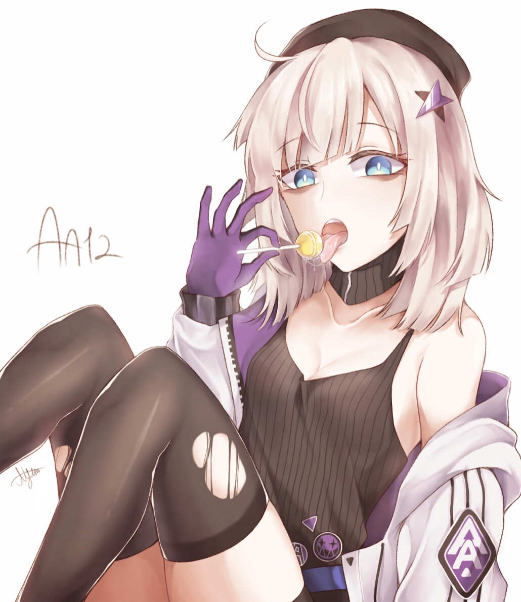 1girl, aa-12_(girls_frontline), ahoge, arm_support, baggy_clothes, bags_under_eyes, bangs, black_hat, black_legwear, black_shorts, blue_eyes, breasts, candy, character_name, choker, cleavage, collarbone, eyebrows_visible_through_hair, food, girls_frontline, gloves, hair_ornament, hat, holding, holding_food, lollipop, medium_breasts, open_mouth, pantyhose, parang, saliva, saliva_trail, shorts, sidelocks, silver_hair, simple_background, sitting, solo, star, star_hair_ornament, tank_top, tongue, tongue_out, torn_clothes, torn_pantyhose, white_background