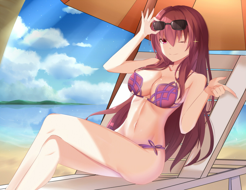 1girl, ;), adjusting_eyewear, bangs, beach, beach_chair, beach_umbrella, bikini