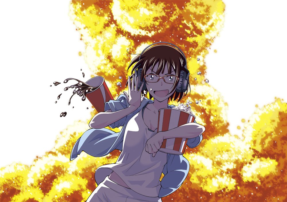 1girl, asai_(asumithi), cup, disposable_cup, drink, explosion, food, glasses