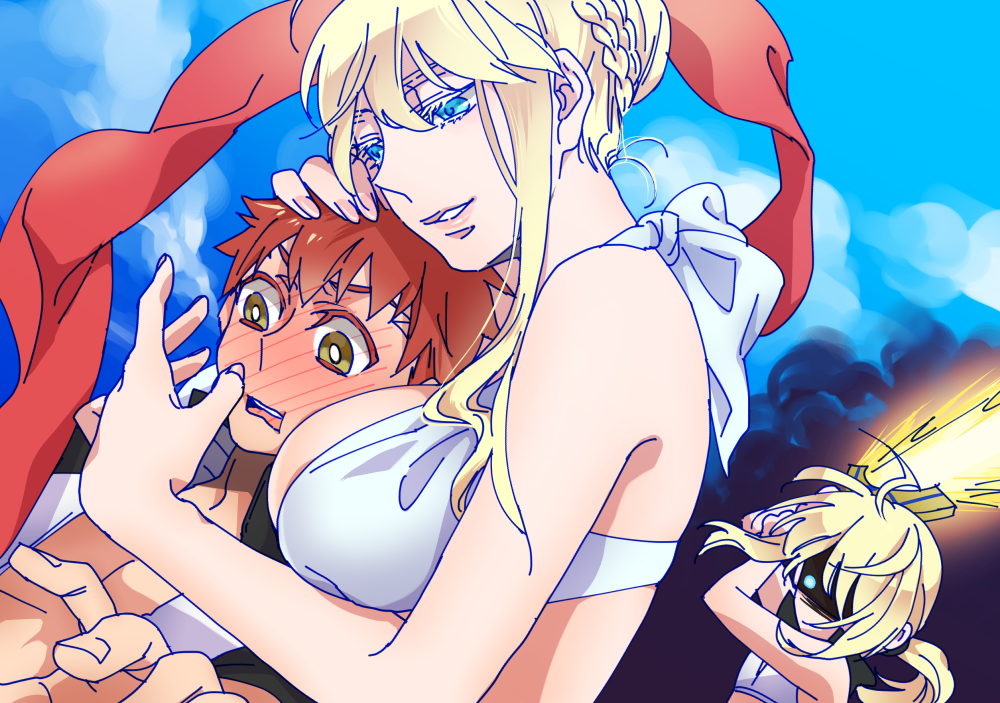 1boy, 2girls, ahoge, artoria_pendragon_(all), artoria_pendragon_(lancer), blonde_hair, blue_eyes, blush