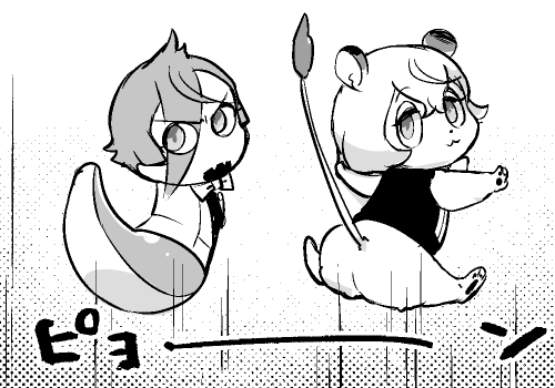 2boys, :3, animalization, bob_cut, bow, bowtie, chibi, eyebrows_visible_through_hair, eyes_visible_through_hair, fangs, half-closed_eyes, higekiri_(touken_ranbu), hizamaru_(touken_ranbu), jun_(dyunta), lion, looking_at_viewer, looking_back, lowres, male_focus, multiple_boys, open_mouth, snake, tail_up, touken_ranbu