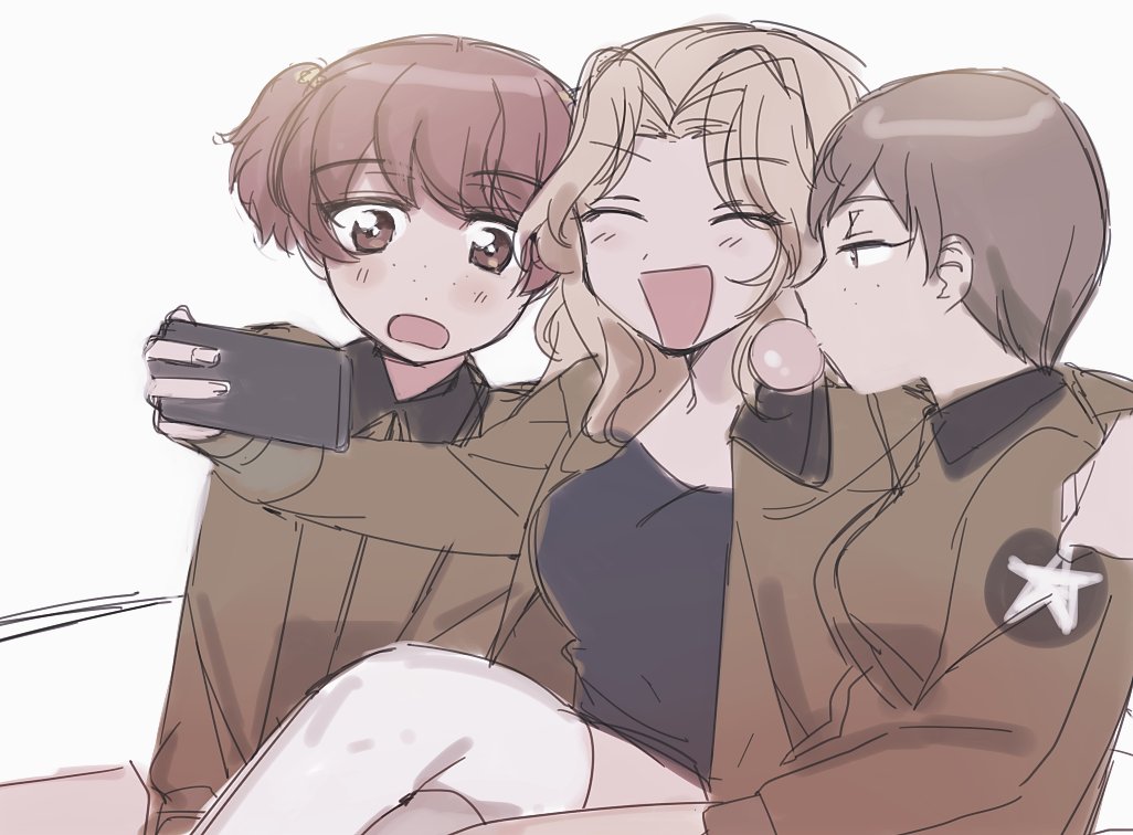 3girls, ^_^, alisa_(girls_und_panzer), blonde_hair, blush, bomber_jacket, brown_eyes, brown_hair, bubble_blowing, cellphone, chewing_gum, closed_eyes, eyebrows_visible_through_hair, freckles, girls_und_panzer, hair_intakes, jacket, kay_(girls_und_panzer), long_hair, multiple_girls, naomi_(girls_und_panzer), phone, saunders_military_uniform, selfie_pose, short_hair, sketch, smartphone, smile, sumiredoljo, tank_top, thigh-highs, white_background, white_legwear