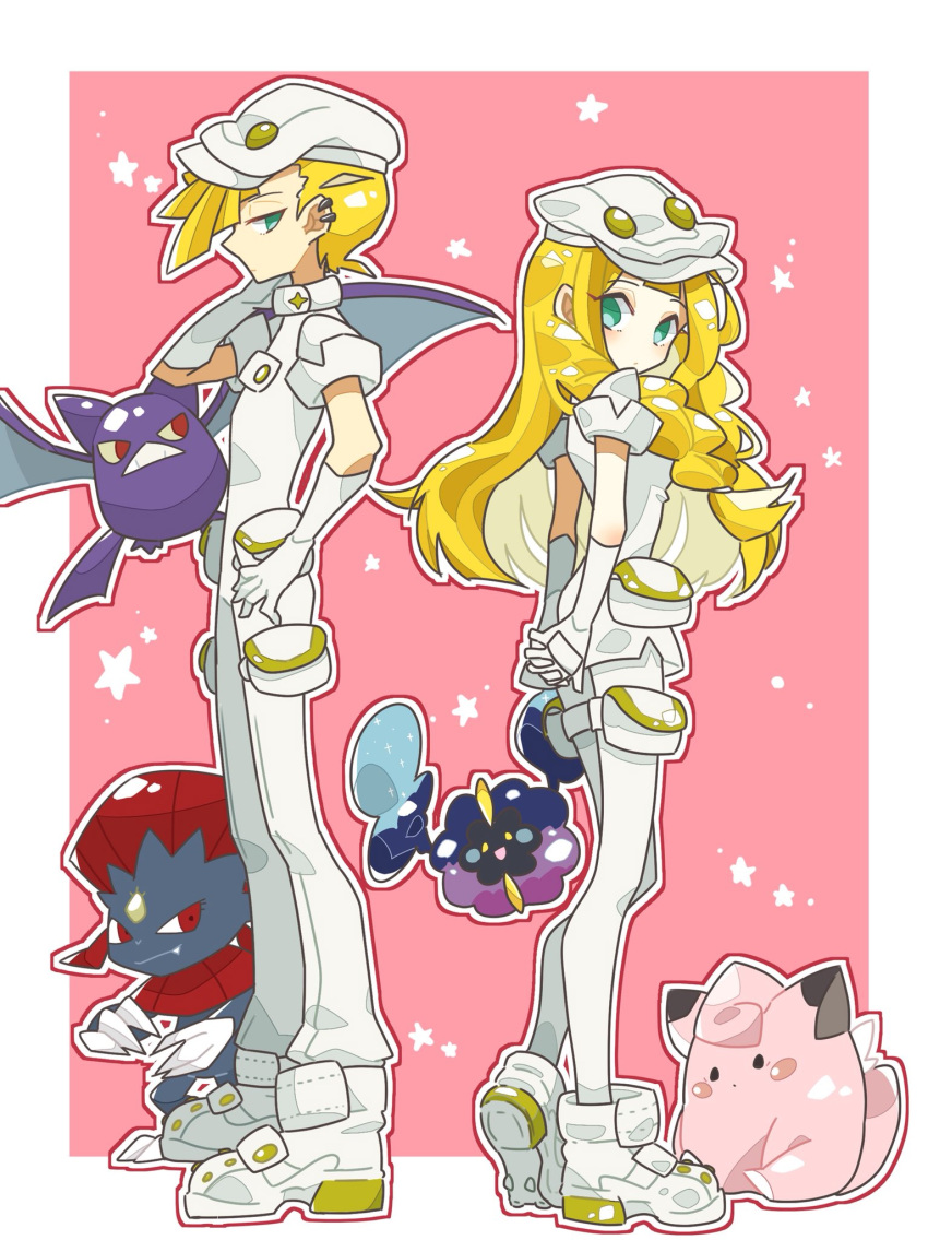 1boy, 1girl, aether_foundation_uniform, blonde_hair, braid, brother_and_sister, cabbie_hat, clefairy