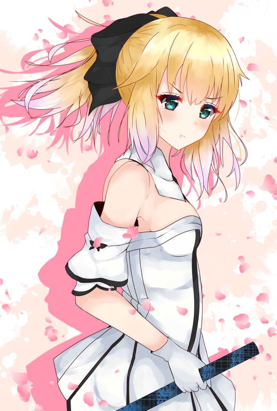 1girl, :t, arm_strap, artoria_pendragon_(all), ayase_chisato_(ay_c1), bangs, black_bow, blonde_hair