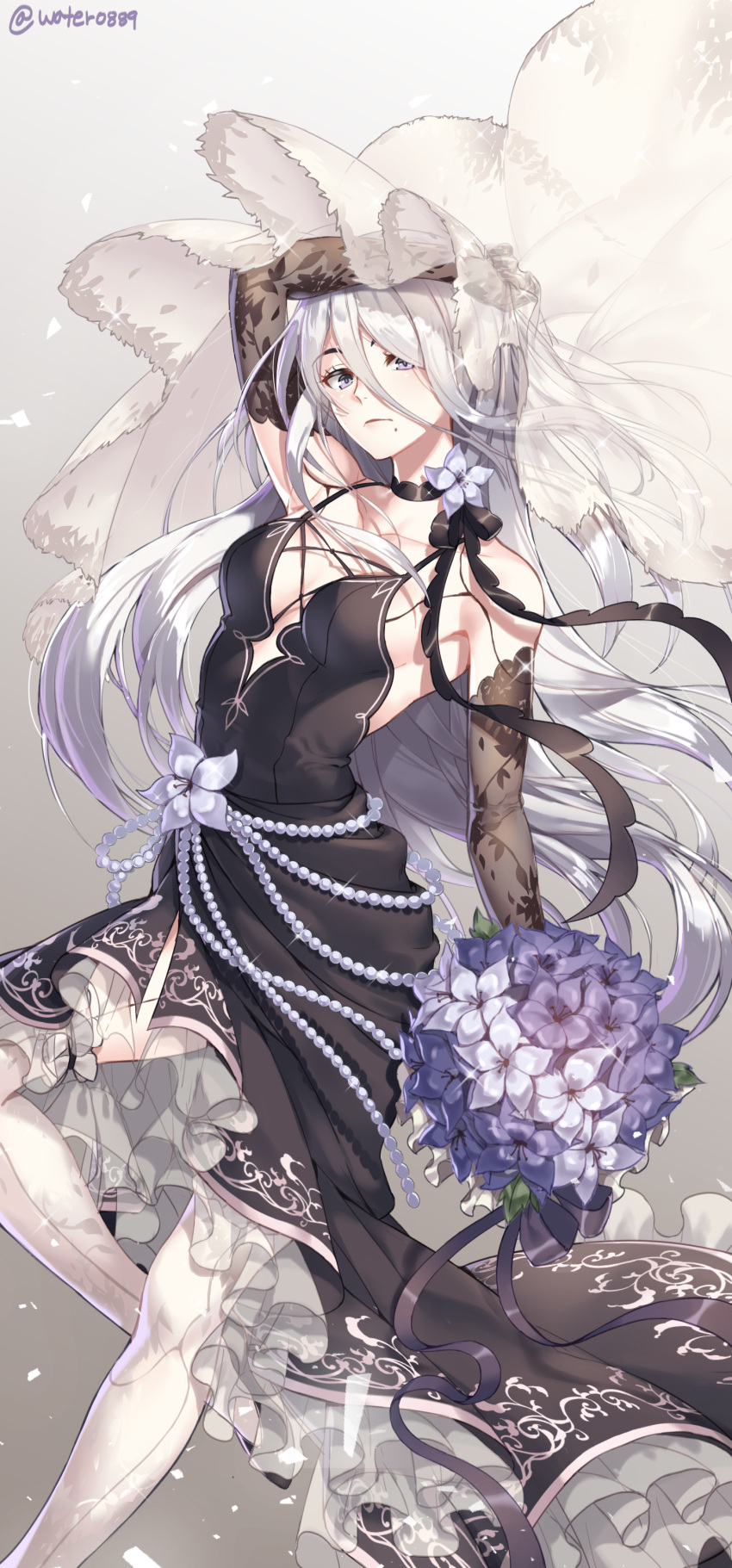 1girl, absurdres, arm_up, artist_name, black_dress, bouquet, breasts, choker