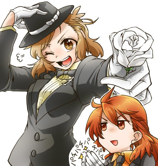 2girls, :d, alternate_costume, amou_kanade, aqua_eyes, bespectacled, brown_hair, clapping