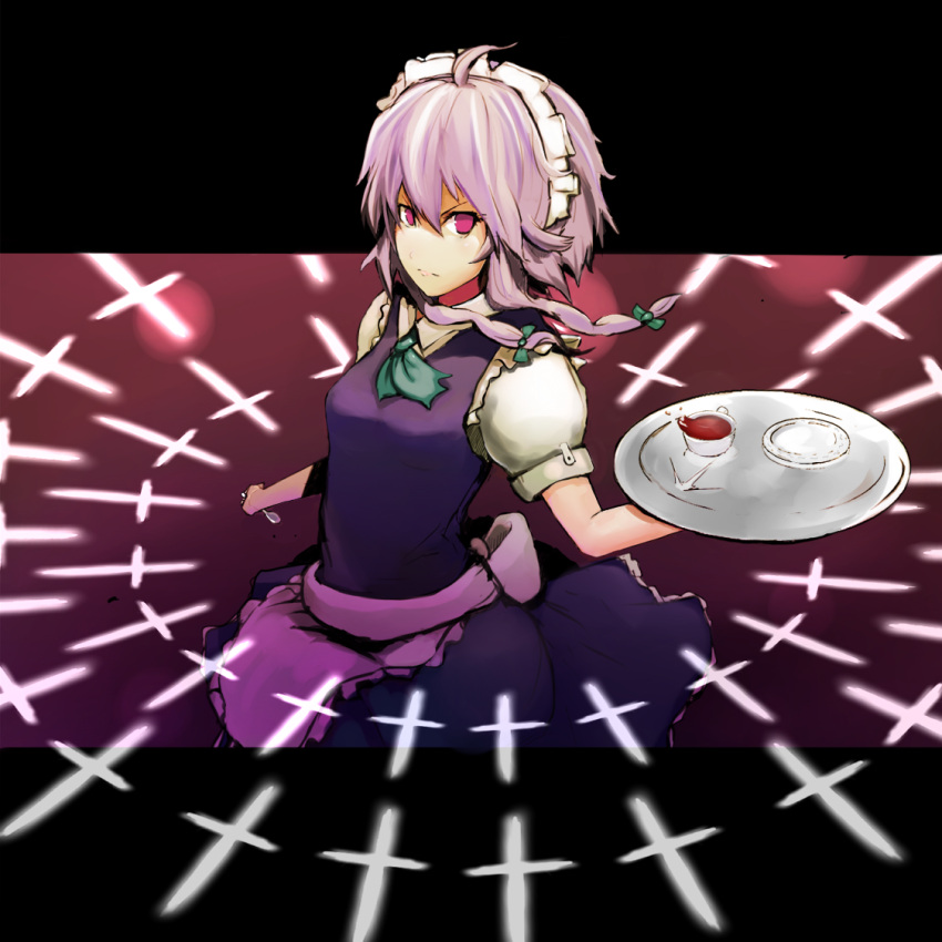 cup, glaring, izayoi_sakuya, knife, letterboxed, nishieda, nisieda, pink_hair