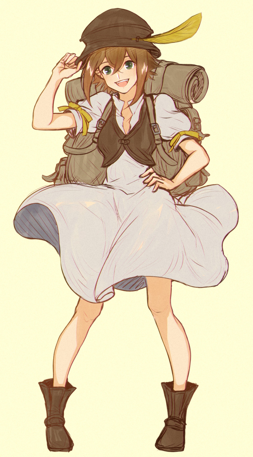 1girl, absurdres, bag, brown_hair, cosplay, dress, hat, highres, looking_at_viewer, no-shio, octopath_traveler, open_mouth, simple_background, smile, tressa_(octopath_traveler)