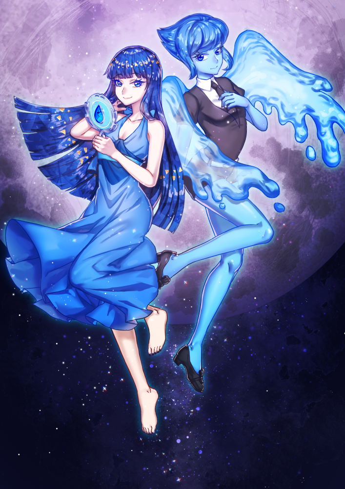 1girl, 1other, aesice, barefoot, blue_dress, blue_eyes, blue_hair, cosplay