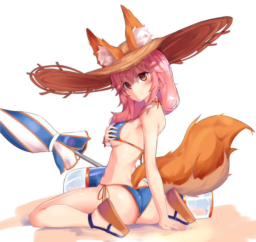 1girl, animal_ears, ass, beach_umbrella, bikini, blue_bikini, breasts, ears_through_headwear