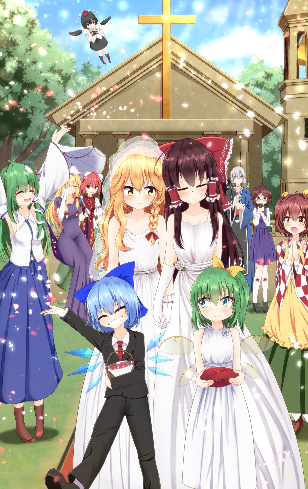 1boy, 6+girls, =_=, ^_^, alternate_costume, apron, arm_up, armpits