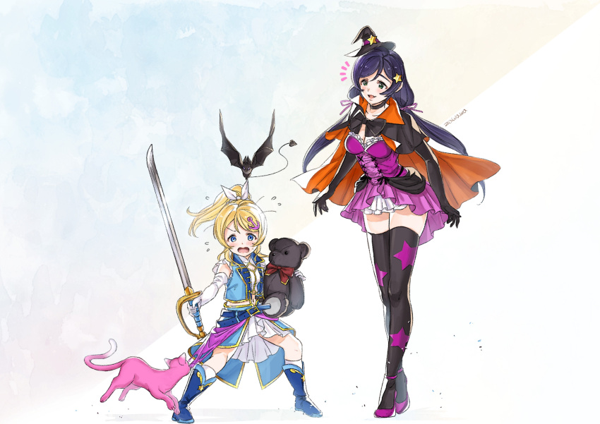 2girls, :o, absurdres, anchor_hair_ornament, ankle_strap, artist_name, ayase_eli, bat