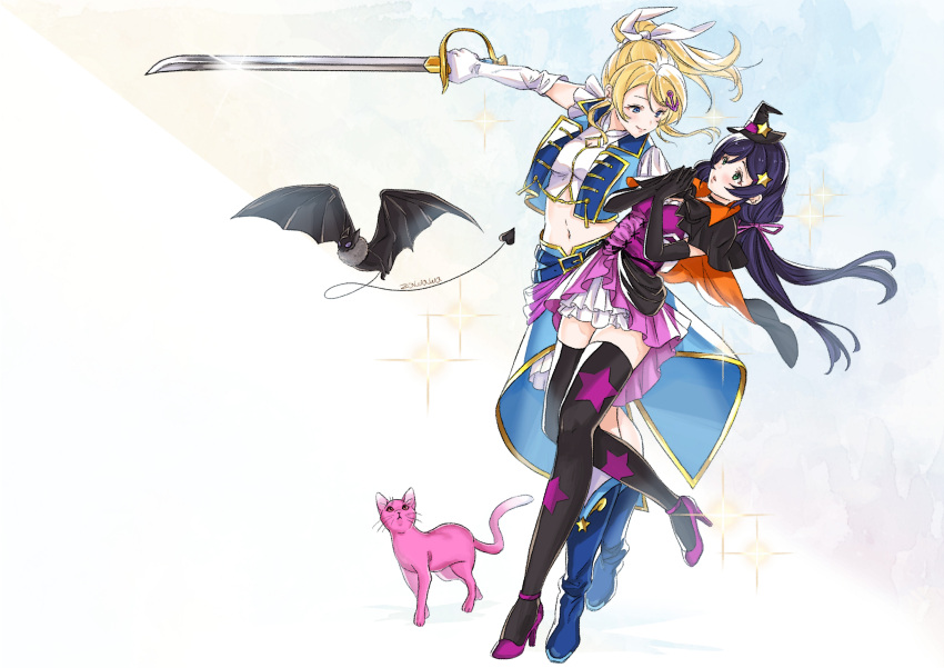 2girls, :o, absurdres, animal, arm_around_waist, artist_name, ayase_eli, bat