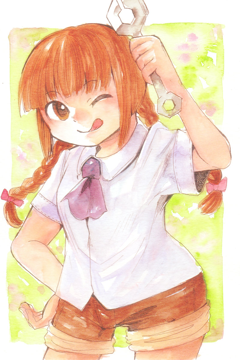 1girl, bangs, blunt_bangs, braid, brown_eyes, brown_hair, hair_ribbon, hand_on_hip