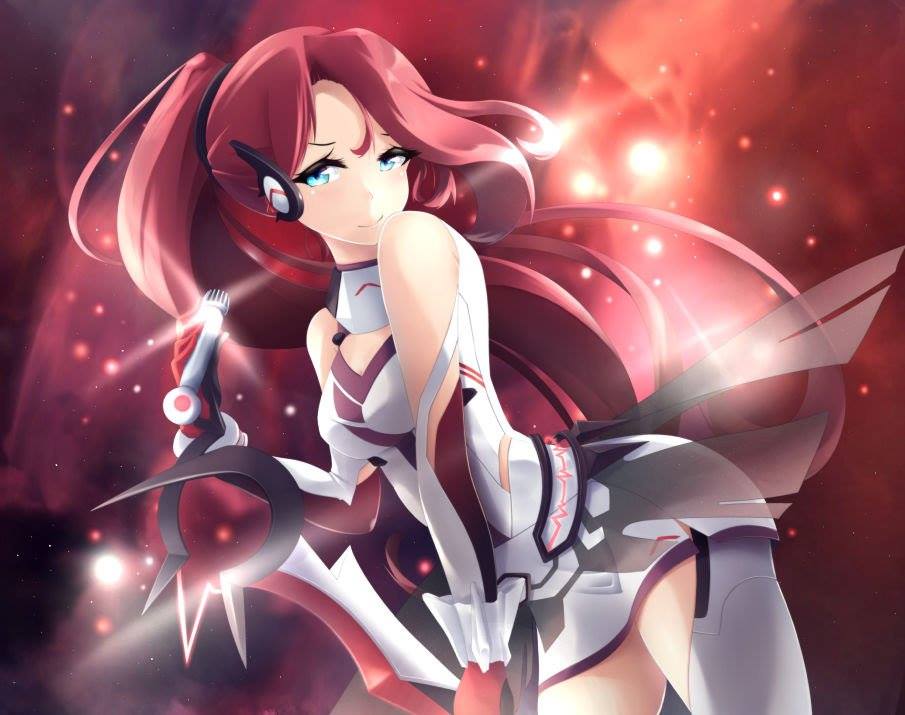 1girl, blue_eyes, breasts, cleavage_cutout, gloves, high_ponytail, leora, long_hair