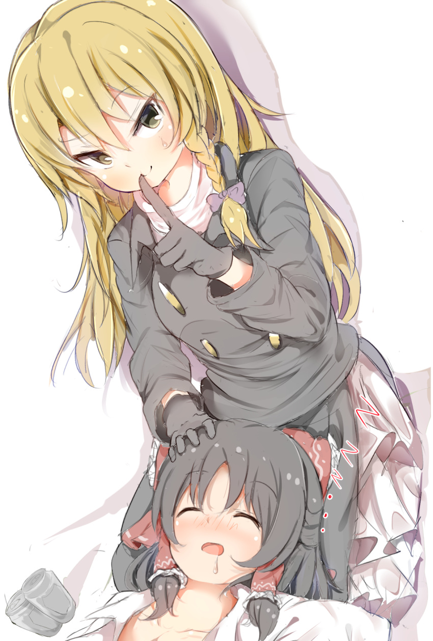 2girls, akabeco, bangs, black_gloves, black_hair, blonde_hair, blush, bow