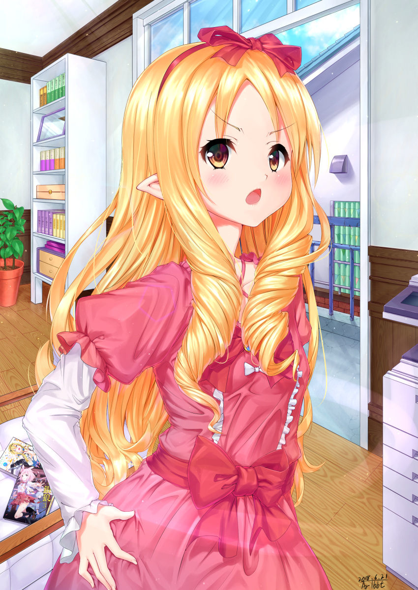 1girl, absurdres, blonde_hair, blush, book, bookshelf, brown_eyes, copy_machine