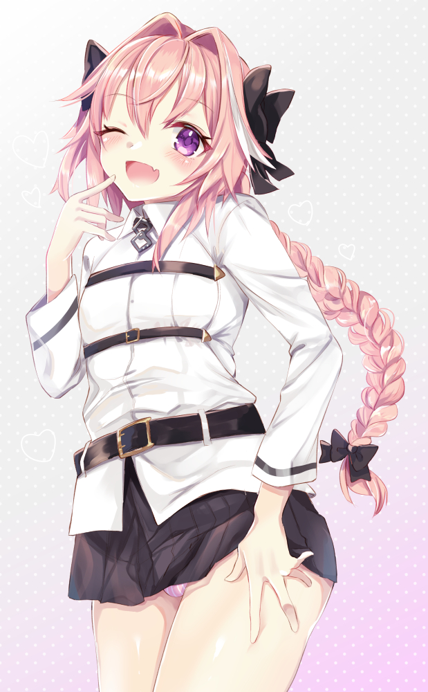 1boy, ;d, astolfo_(fate), bangs, belt_buckle, black_belt, black_bow, black_ribbon