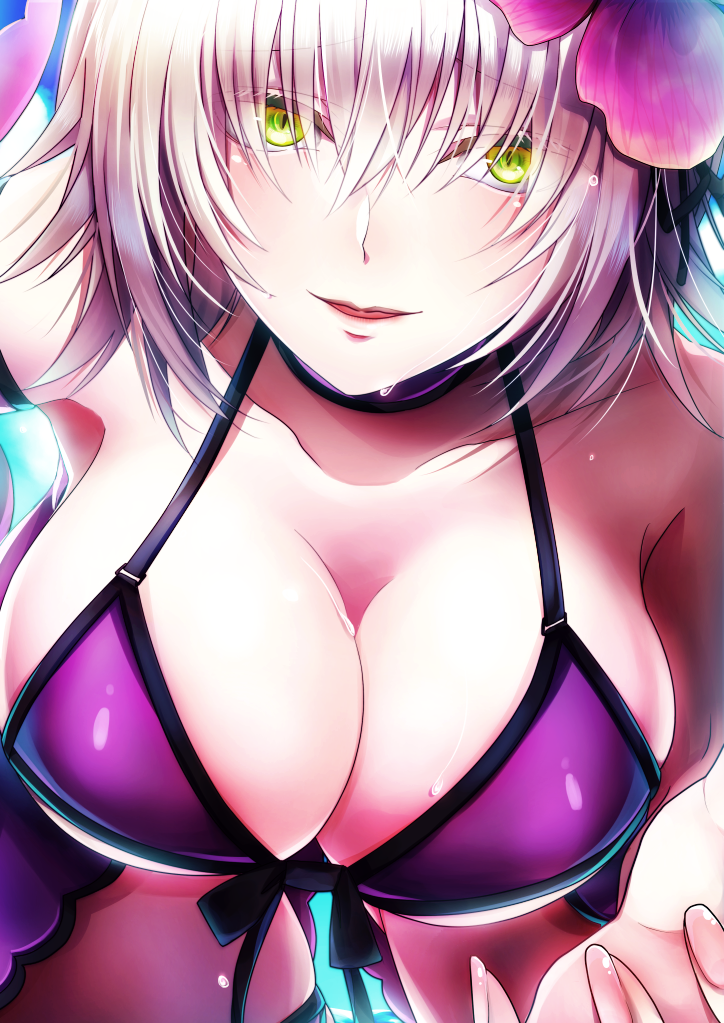 1girl, alternate_costume, bangs, bikini, black_ribbon, breasts, cleavage, clouds