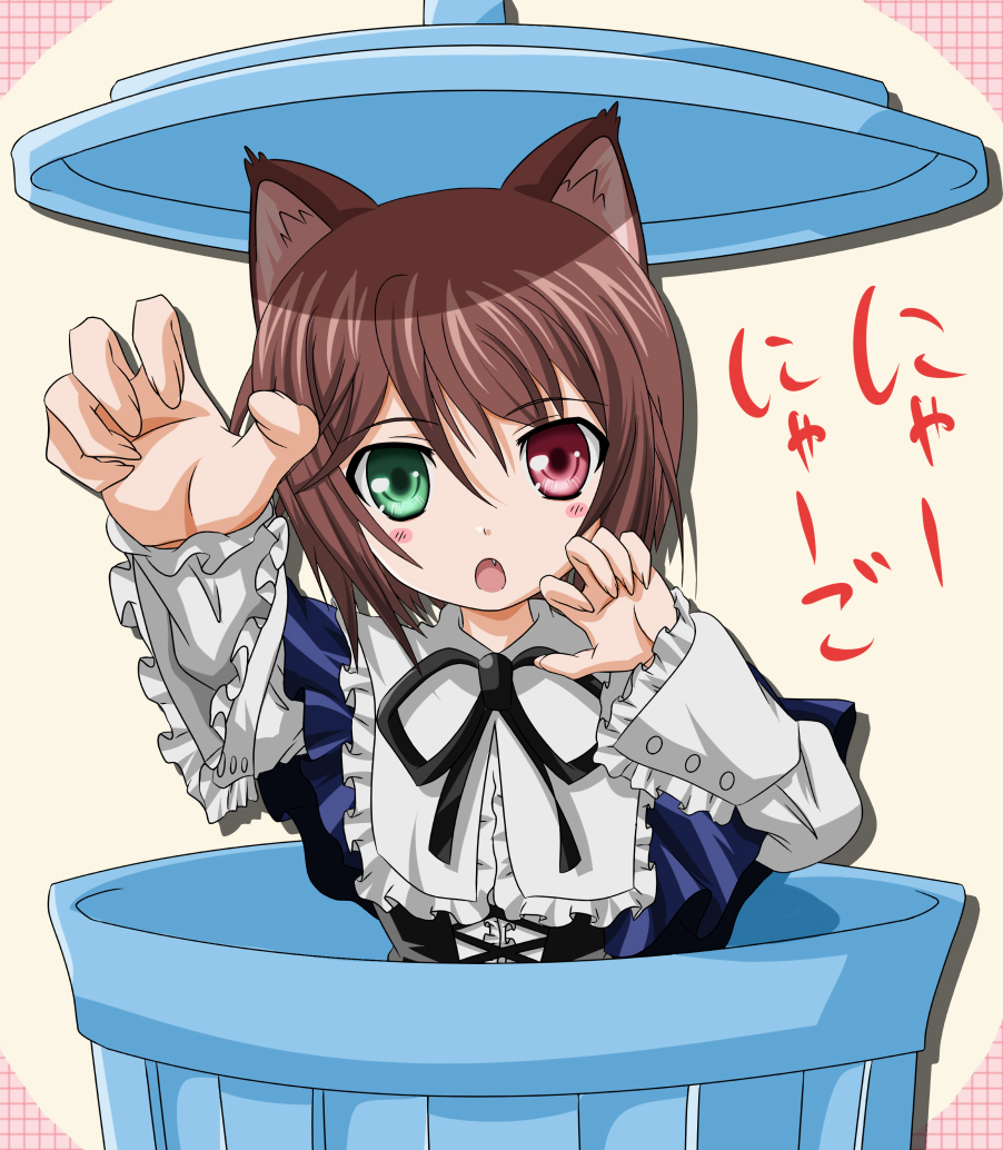 boku, brown_hair, cat_ears, cat_pose, fang, frills, heterochromia, nyan