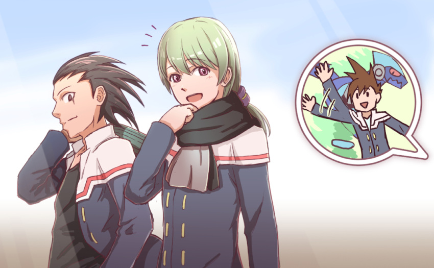 3boys, bangs, black_hair, black_scarf, brown_hair, closed_mouth, commentary_request, eyebrows_visible_through_hair