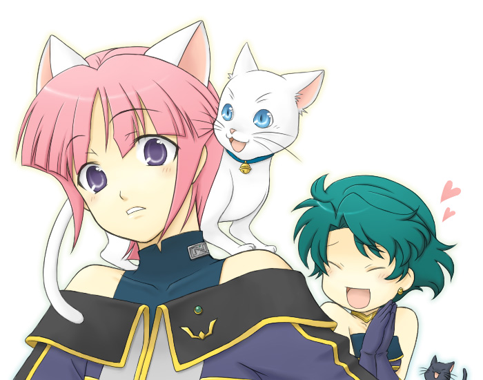 aya_kobayashi, bare_shoulders, bell, blue_eyes, blush, cat, cat_ears, closed_eyes, collar, earrings, green_hair, heart, hitsuji_gatsu, jewelry, kobayashi_aya, kobayashi_mai, kuro_(srw), mai_kobayashi, open_mouth, pink_hair, purple_eyes, shiro_(srw), short_hair, super_robot_wars, uniform, violet_eyes