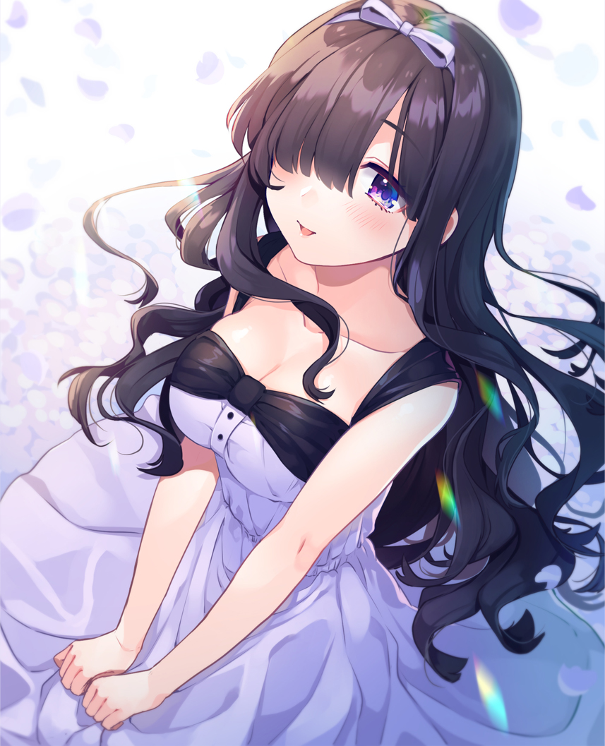 1girl, alternate_costume, bare_arms, bbbannooo, black_hair, breasts, collarbone, comic_girls