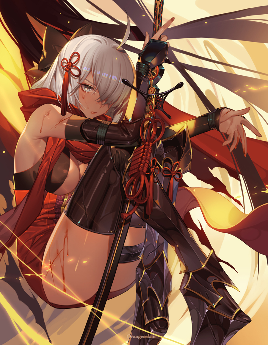 1girl, ahoge, arm_guards, artist_name, black_bow, black_legwear, blood_on_leg, bow