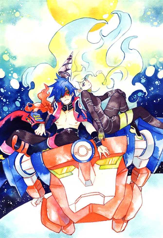 blue_hair, couple, hoshitsu, jewelry, lagann, long_hair, multicolored_hair, nia_teppelin