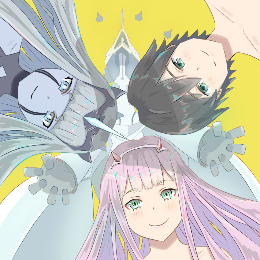 001_(darling_in_the_franxx), 1boy, 2girls, bangs, black_hair, blue_eyes, blue_horns, blue_skin
