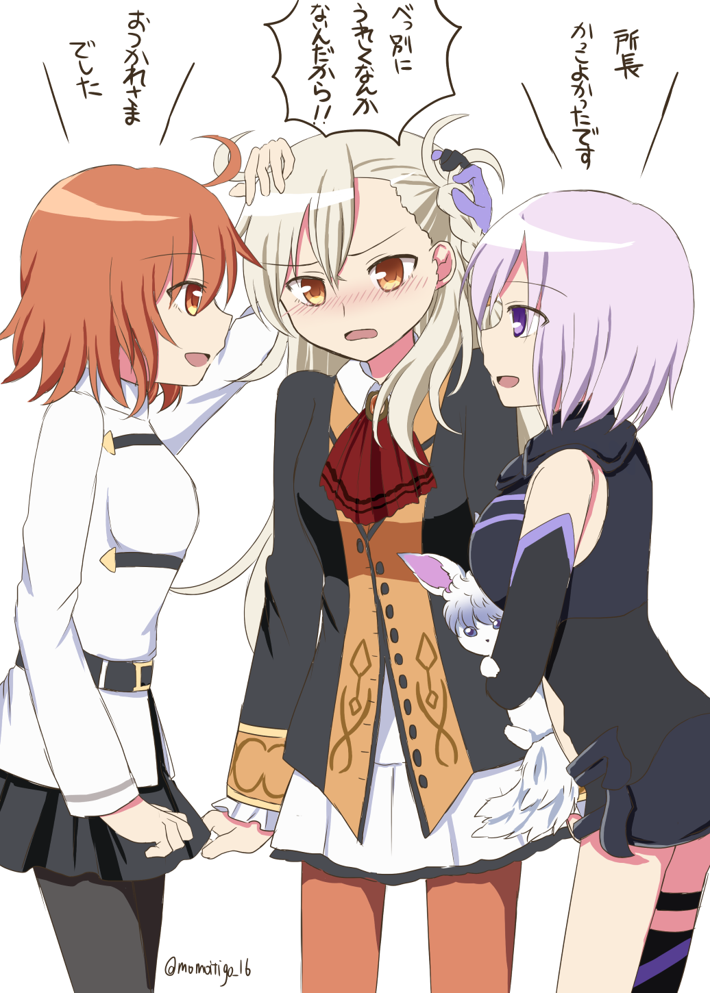 3girls, ahoge, bare_shoulders, black_legwear, black_skirt, blush, chaldea_uniform, commentary_request