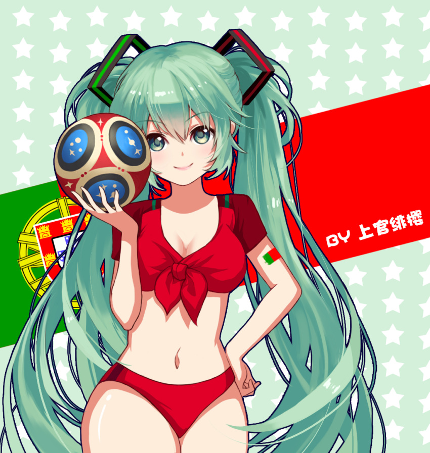 1girl, 2018_fifa_world_cup, aqua_eyes, aqua_hair, ball, blush, breasts, chinese_commentary, cleavage, commentary_request, cowboy_shot, eyebrows_visible_through_hair, front-tie_top, green_background, hair_between_eyes, hand_on_hip, hand_up, hatsune_miku, holding, holding_ball, long_hair, looking_at_viewer, medium_breasts, midriff, navel, pink_lips, portugal, portuguese_flag, red_bikini_bottom, red_shirt, shangguan_feiying, shirt, short_sleeves, smile, soccer_ball, solo, standing, star, starry_background, stomach, thighs, twintails, very_long_hair, vocaloid, world_cup