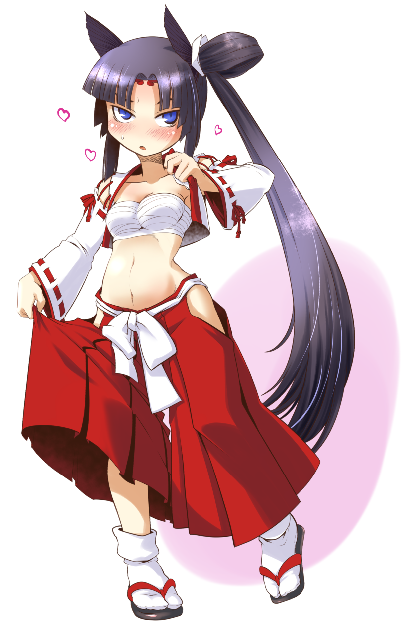 1girl, :o, black_hair, blue_eyes, blush, breasts, cleavage, clothes_lift