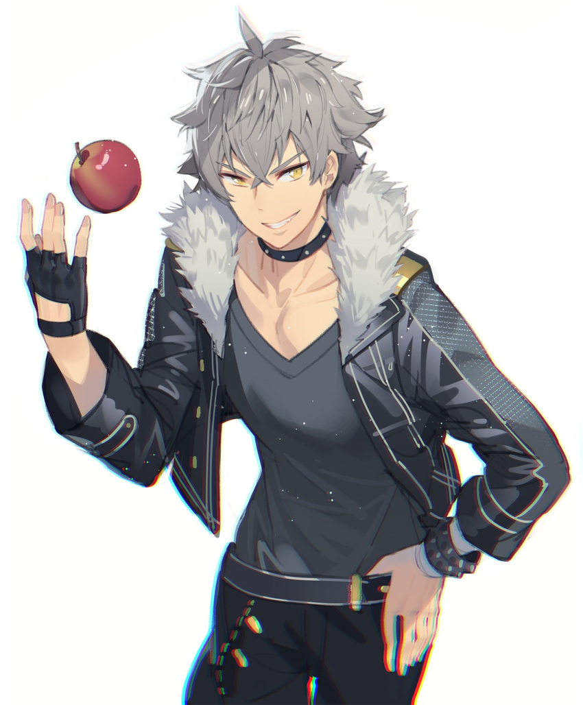 1boy, apple, asymmetrical_gloves, belt, black_gloves, chromatic_aberration, collar, collarbone, ddal, ensemble_stars!, fang, fingerless_gloves, food, fruit, gloves, grey_hair, grin, hand_on_hip, highres, jacket, jewelry, looking_at_viewer, male_focus, oogami_koga, silver_hair, simple_background, smile, solo, studded_bracelet, studded_collar, undead_(ensemble_stars!), white_background, yellow_eyes