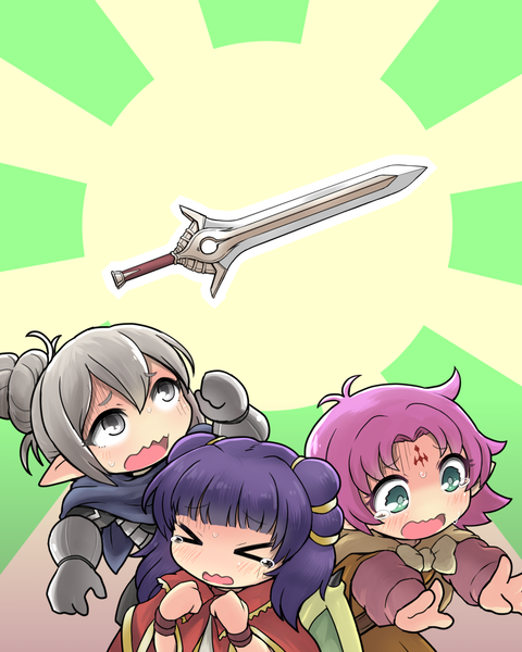 >_<, 3girls, [], closed_eyes, fa, facial_mark, falchion_(fire_emblem), fire_emblem