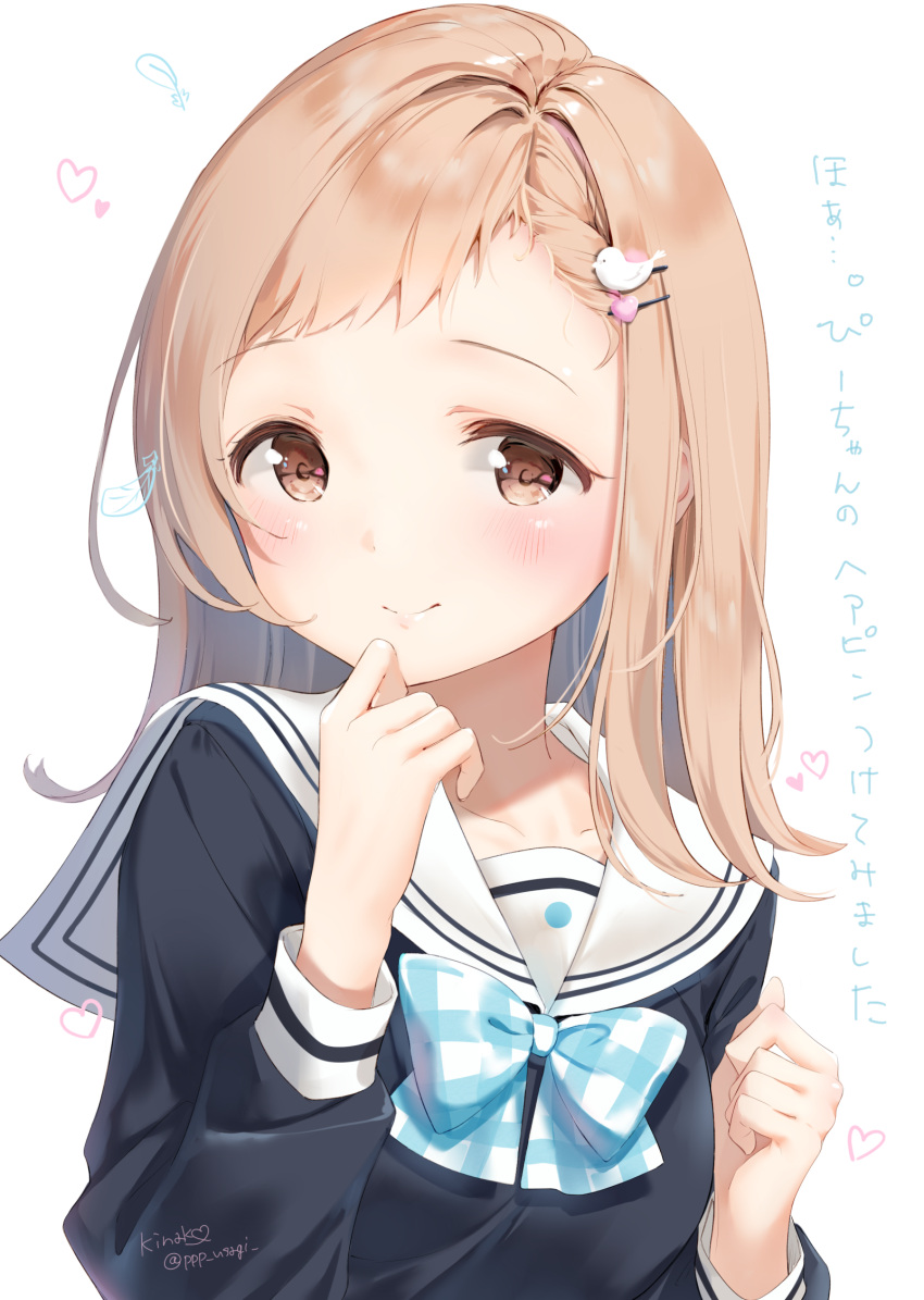 1girl, bangs, bird_hair_ornament, black_shirt, blonde_hair, blush, bow, bowtie