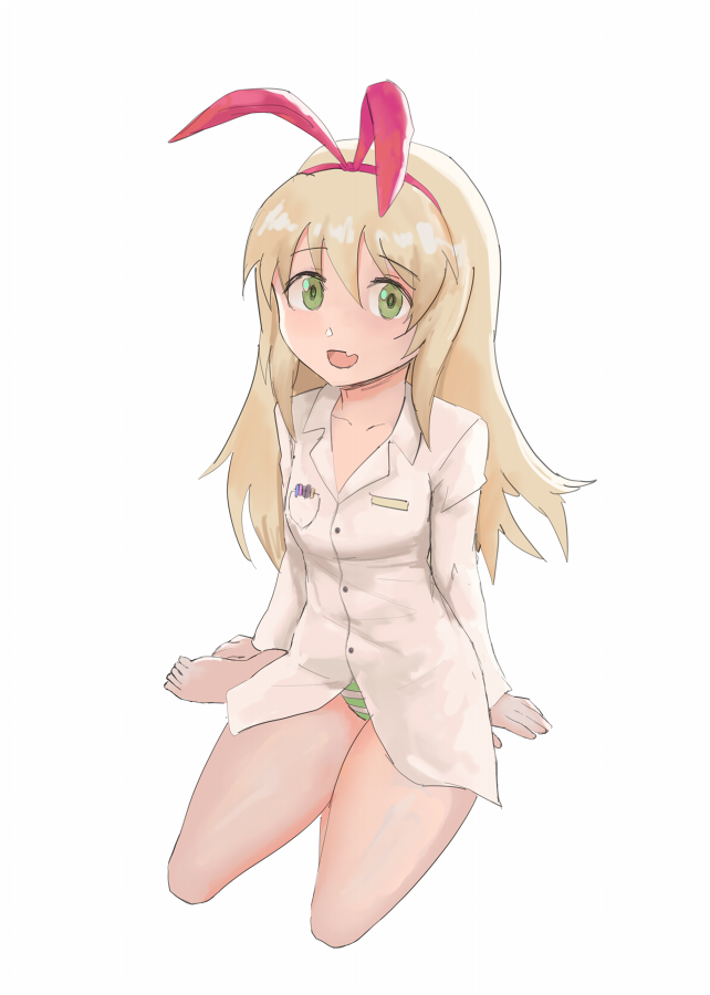 1girl, :d, blonde_hair, breast_pocket, cicini_(rabi-ribi), commentary, dress_shirt, english_commentary