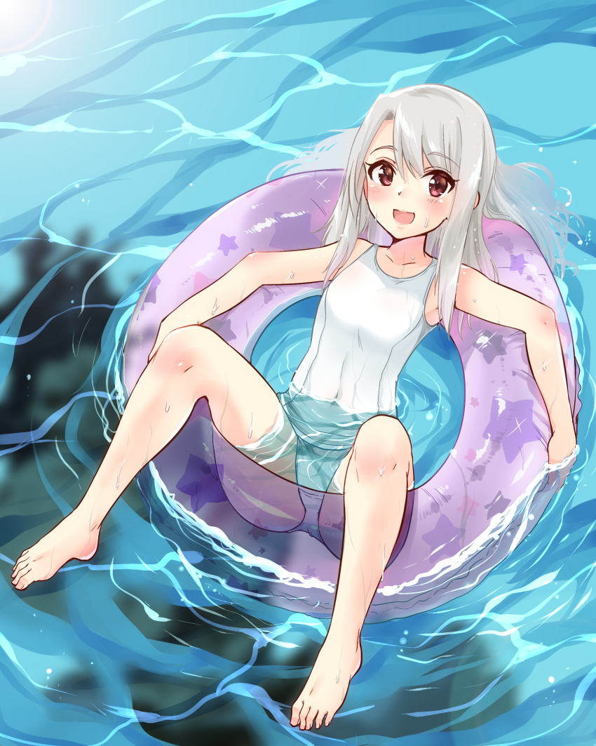 1girl, :d, absurdres, barefoot, blush, commentary_request, covered_navel, eyebrows_visible_through_hair, eyes_visible_through_hair, fate/kaleid_liner_prisma_illya, fate/stay_night, fate_(series), feet, full_body, highres, illyasviel_von_einzbern, innertube, long_hair, looking_at_viewer, one-piece_swimsuit, open_mouth, print_innertube, purple_innertube, red_eyes, sarfata, smile, solo, star, star_print, swimsuit, water, water_drop, wet, white_hair, white_swimsuit