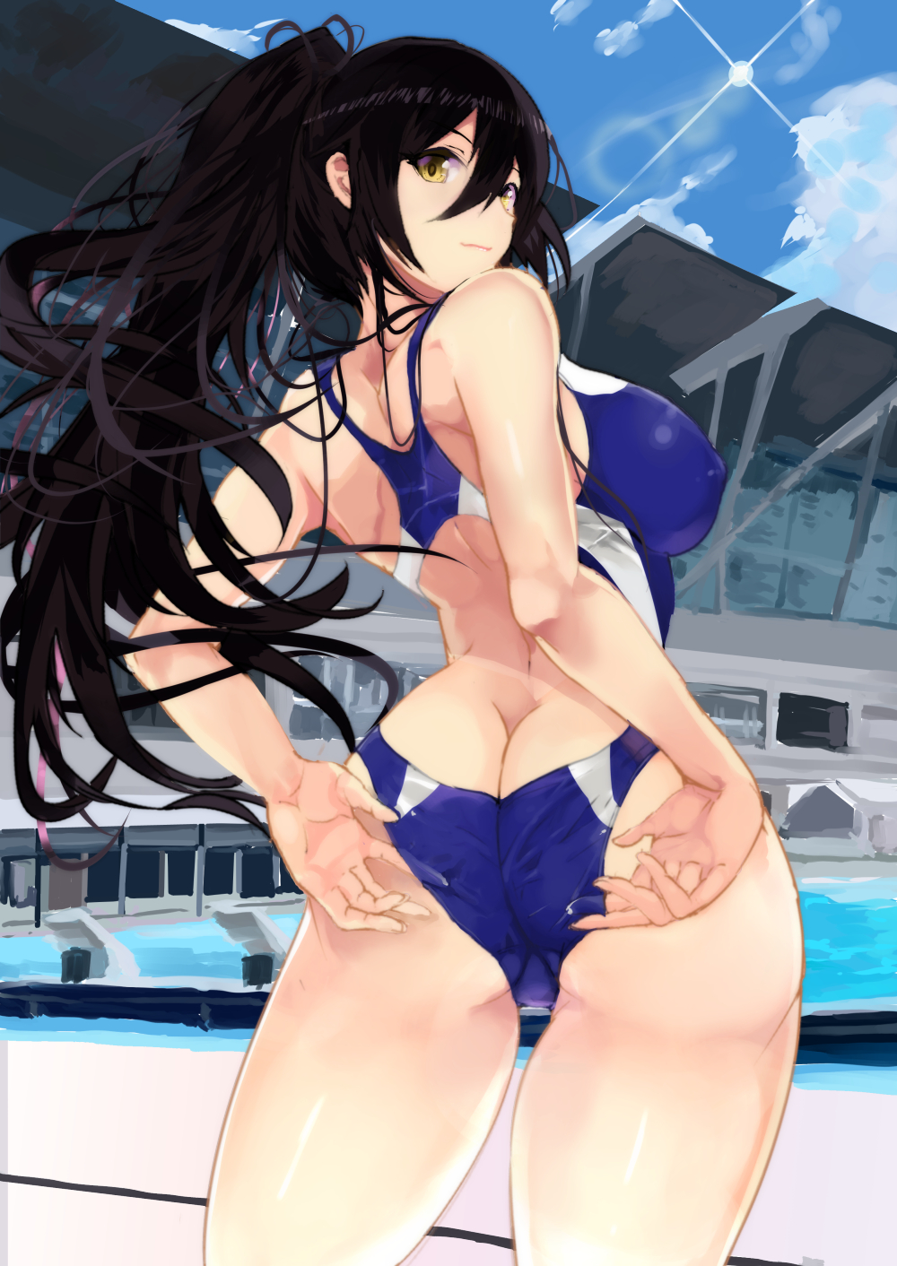 1girl, ass, back, bangs, bare_shoulders, black_hair, blue_sky, blue_swimsuit