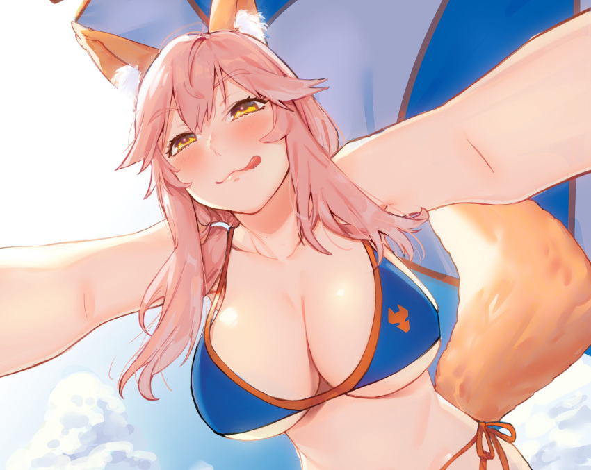 1girl, :q, animal_ears, bikini, blue_bikini, blush, breasts, cleavage