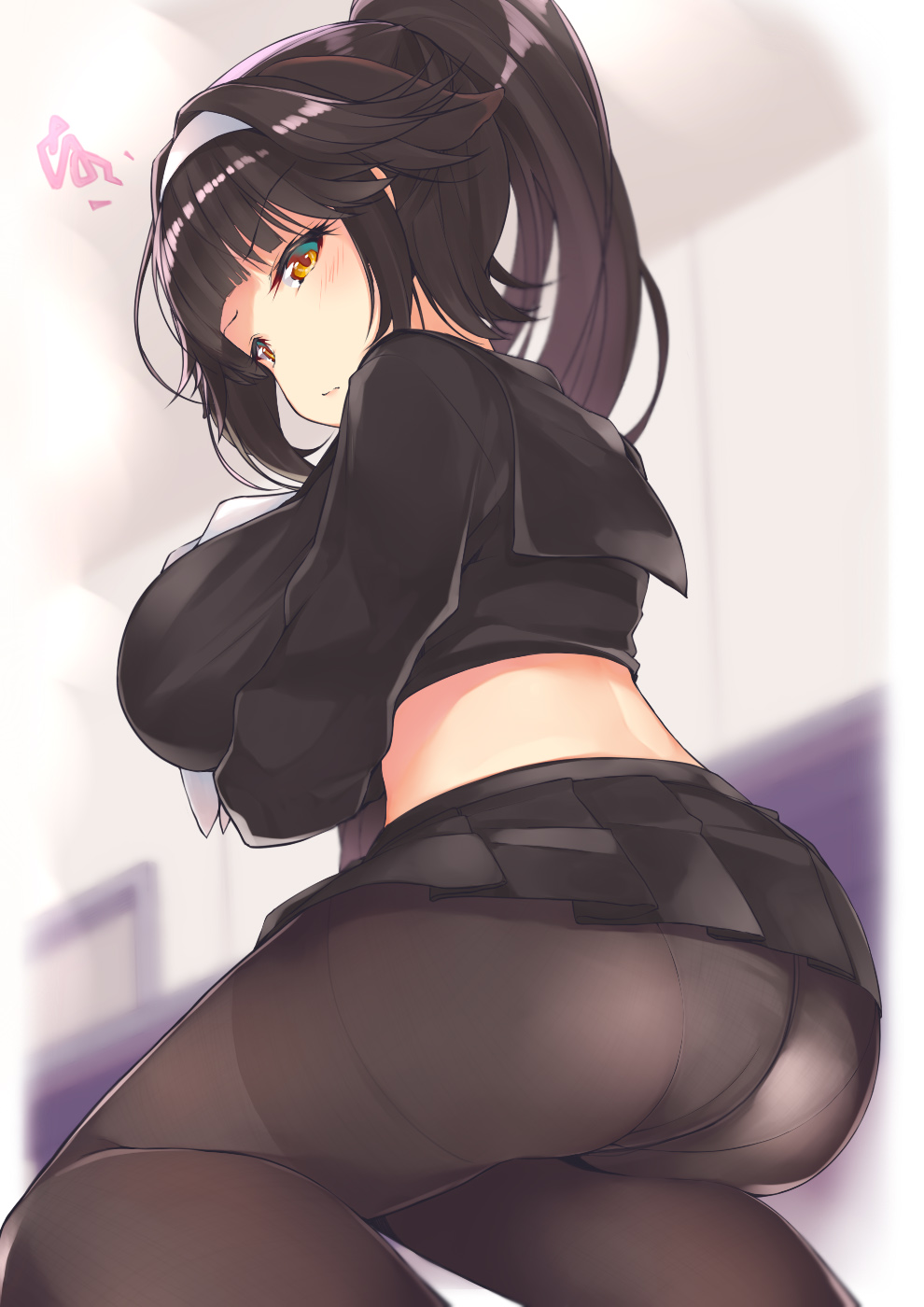 1girl, arms_under_breasts, ass, azur_lane, bangs, black_hair, black_legwear, blue_background
