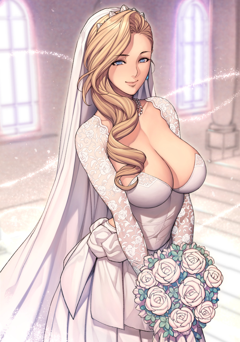 1girl, azur_lane, bangs, blonde_hair, blue_eyes, bouquet, breasts, bridal_veil