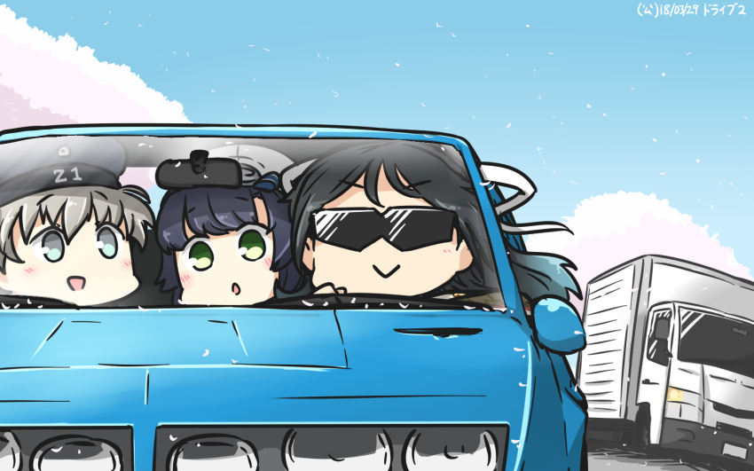 3girls, :d, black_hair, black_hat, blonde_hair, blue_eyes, car, clothes_writing