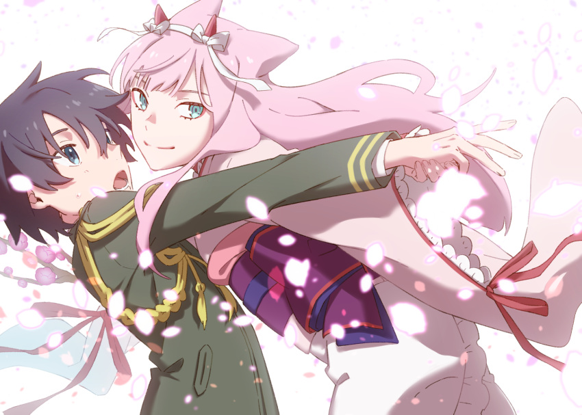 1boy, 1girl, agemaki_kei, agemaki_kei_(cosplay), bangs, black_hair, blue_eyes, commentary_request, cosplay, couple, darling_in_the_franxx, green_eyes, hair_ornament, hand_holding, hetero, highres, hiro_(darling_in_the_franxx), horns, japanese_clothes, kimono, leje39, long_hair, long_sleeves, looking_at_another, looking_at_viewer, military, military_uniform, obi, oni_horns, open_mouth, otome_youkai_zakuro, petals, pink_hair, pink_kimono, red_horns, sash, short_hair, sweatdrop, teeth, tied_hair, uniform, zakuro_(otome_youkai_zakuro), zakuro_(otome_youkai_zakuro)_(cosplay), zero_two_(darling_in_the_franxx)