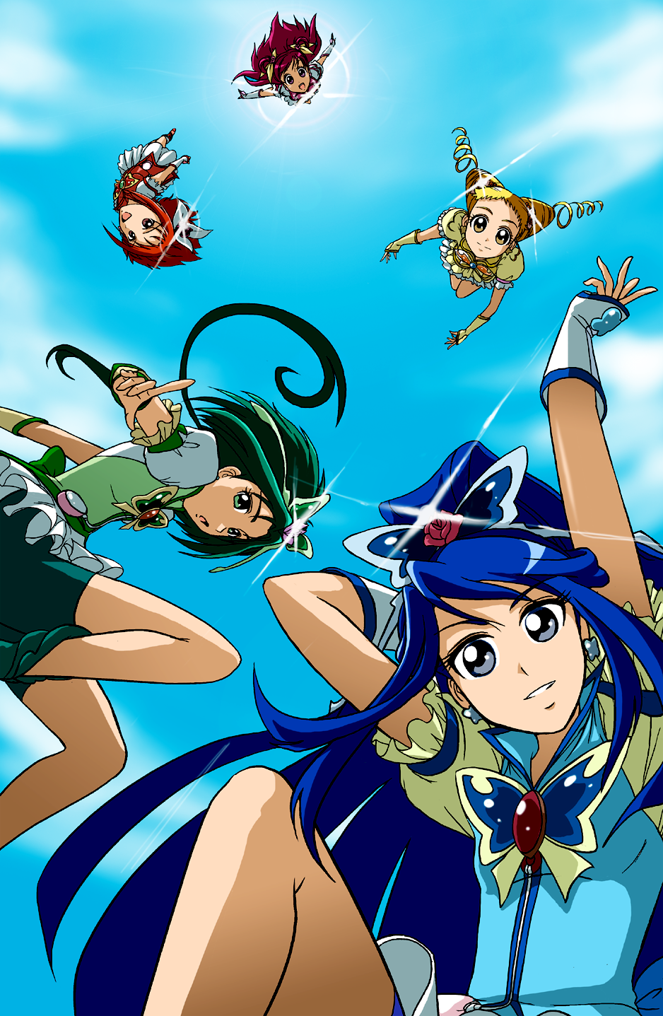 akimoto_komachi, blonde_hair, blue_hair, butterfly_hair_ornament, cure_aqua, cure_dream, cure_lemonade, cure_mint