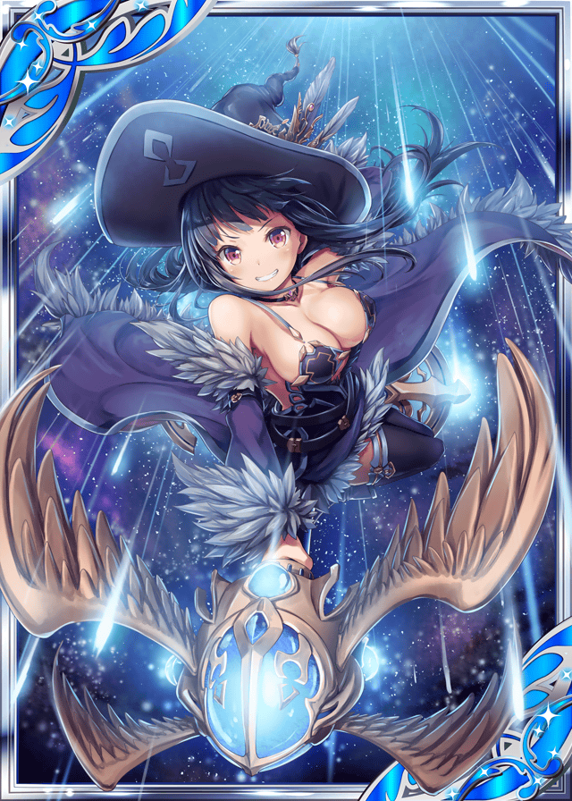 1girl, akkijin, armpits, bare_shoulders, black_hair, boots, bra, breasts, card_(medium), cleavage, collarbone, feathers, flying, hat, hat_feather, jewelry, looking_at_viewer, medium_breasts, necklace, night, night_sky, official_art, orange_eyes, shinkai_no_valkyrie, sky, staff, star_(sky), starry_sky, supersonic, thigh-highs, underwear, weapon, wings, witch, witch_hat