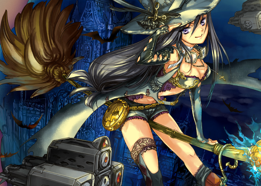breasts, broom, broom_riding, cleavage, denim, denim_shorts, hat, hotpants