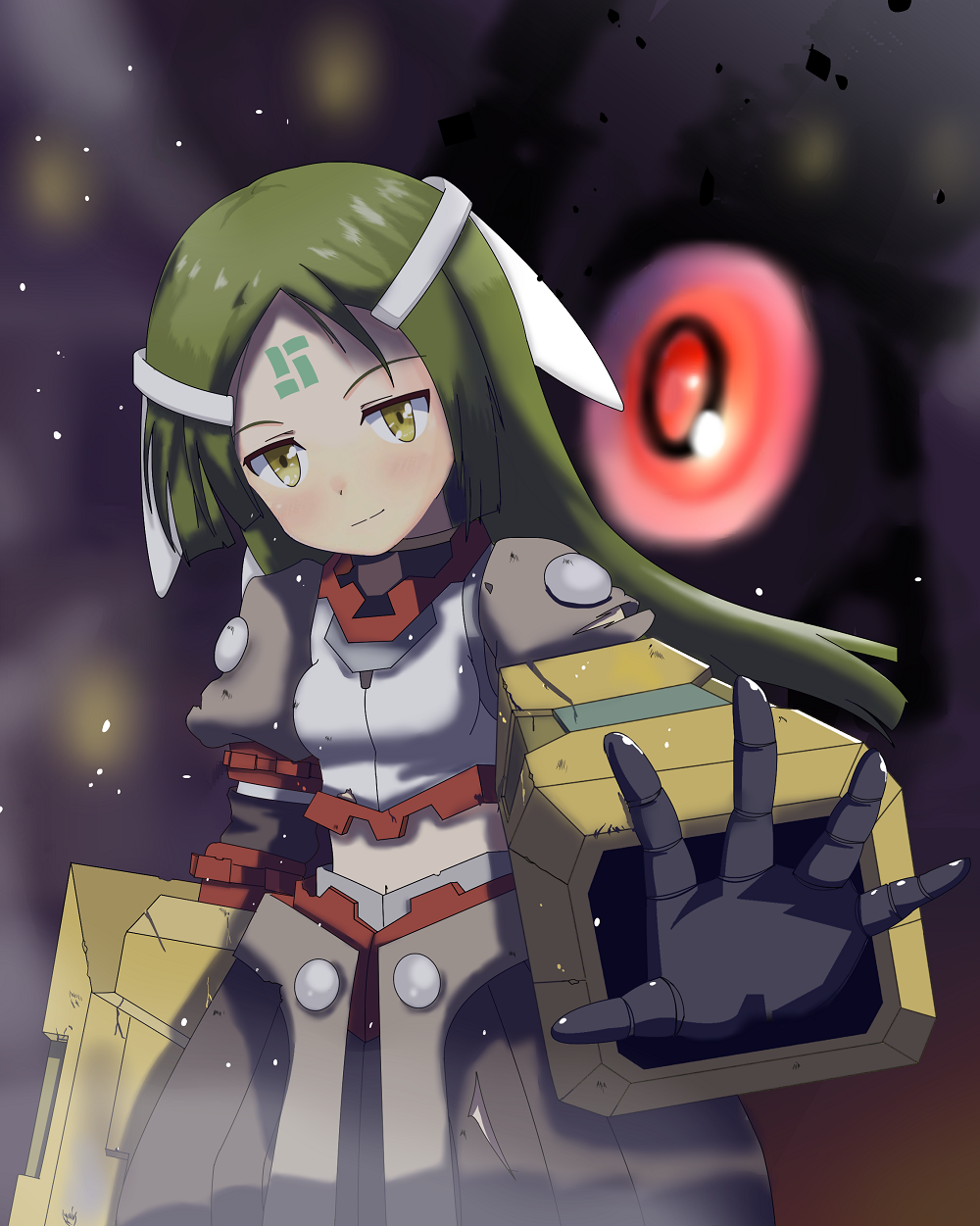 1girl, android, arm_at_side, arma_(recettear), armor, black_gloves, blurry, blurry_background