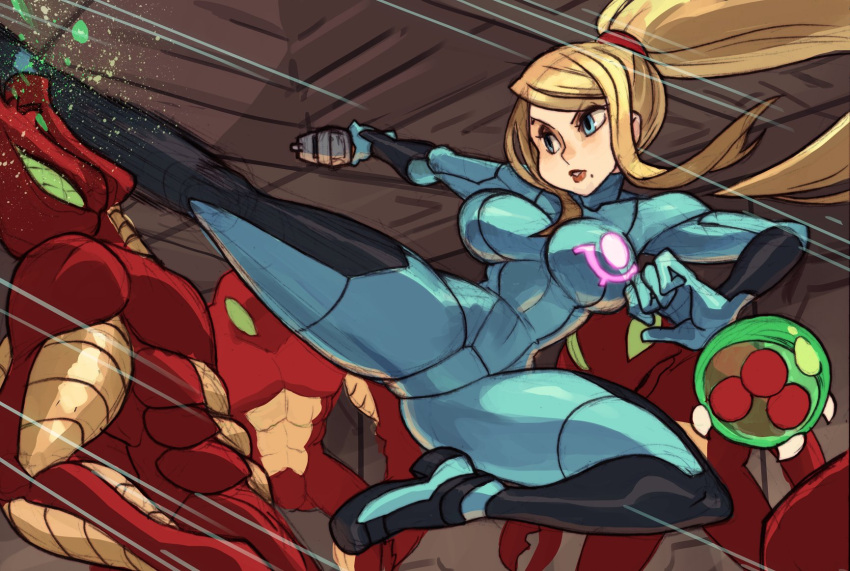1girl, alex_ahad, alien, blue_eyes, bodysuit, breasts, gun, handgun, highres, kicking, metroid, metroid_(creature), midair, mole, mole_under_eye, motion_blur, parted_lips, ponytail, samus_aran, serious, skin_tight, solo_focus, space_pirate_(metroid), speed_lines, thick_thighs, thighs, unaligned_breasts, weapon, zero_suit