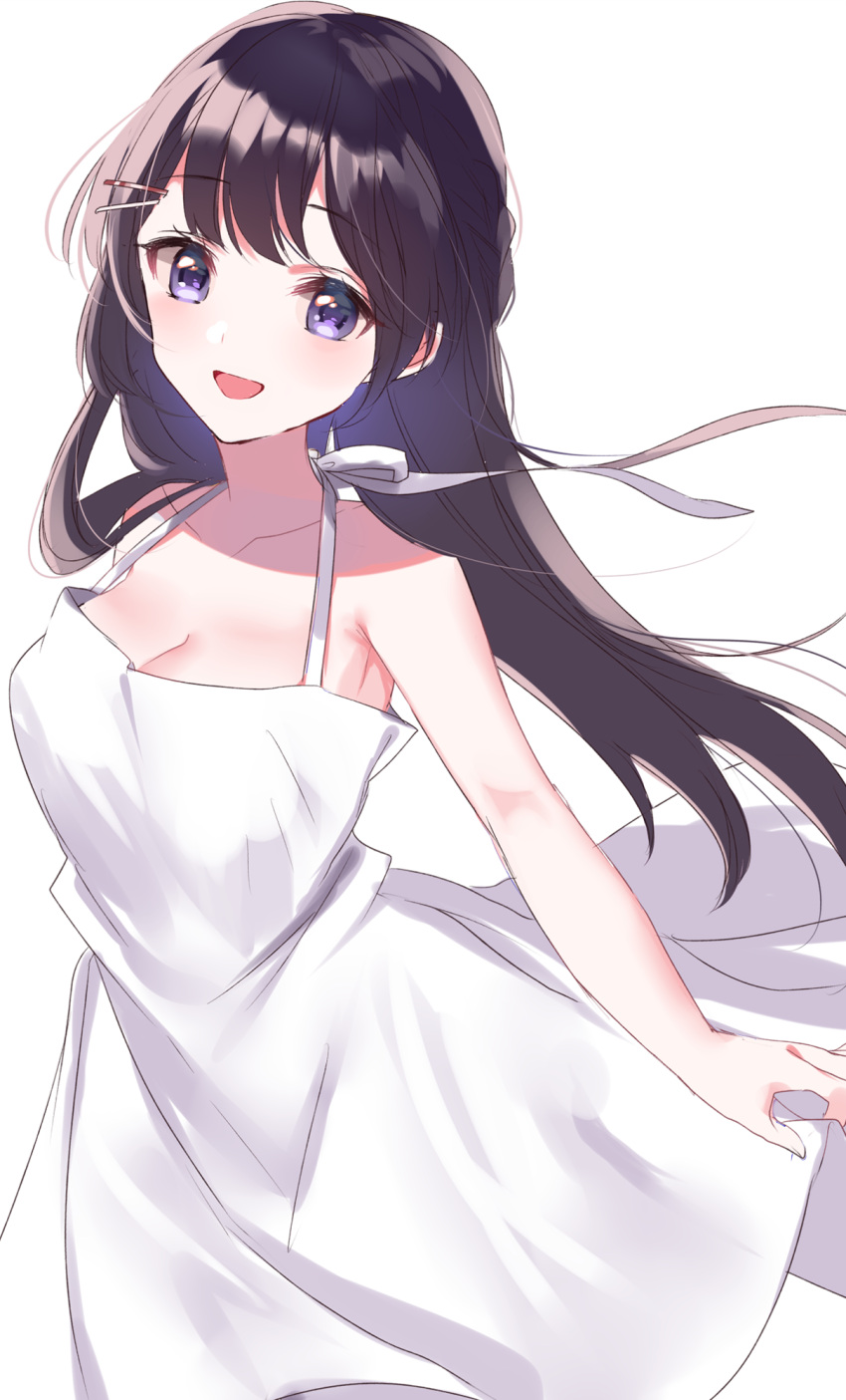 1girl, :d, bare_arms, bare_shoulders, black_hair, blush, breasts, cleavage